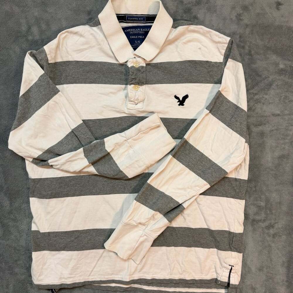 American Eagle Outfitters Eagle rugby Polo Size L Gray White Striped